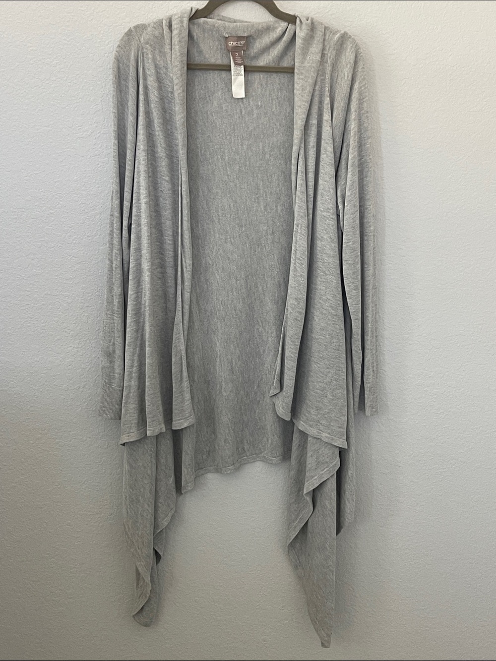Chico’s Size 2 Gray Waterfall Duster Cardigan Open Front Longline Rayon